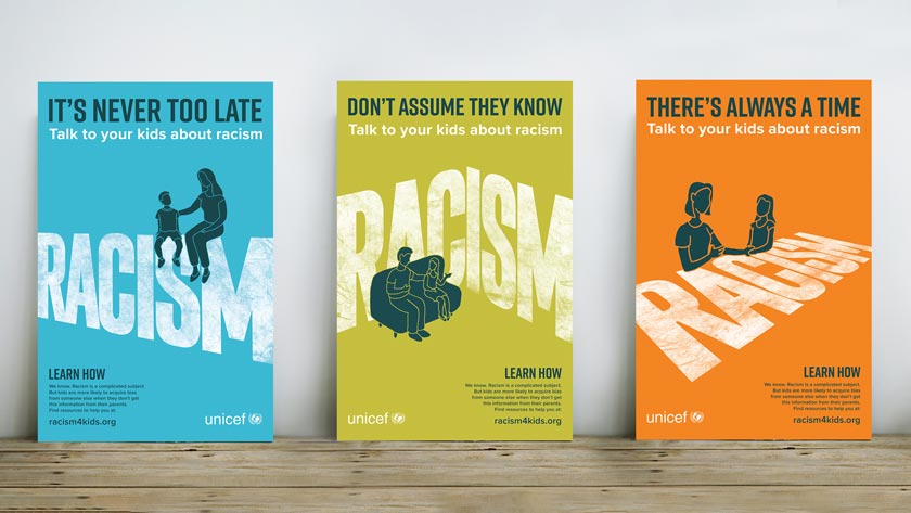 Three posters Lets Talk About Racism